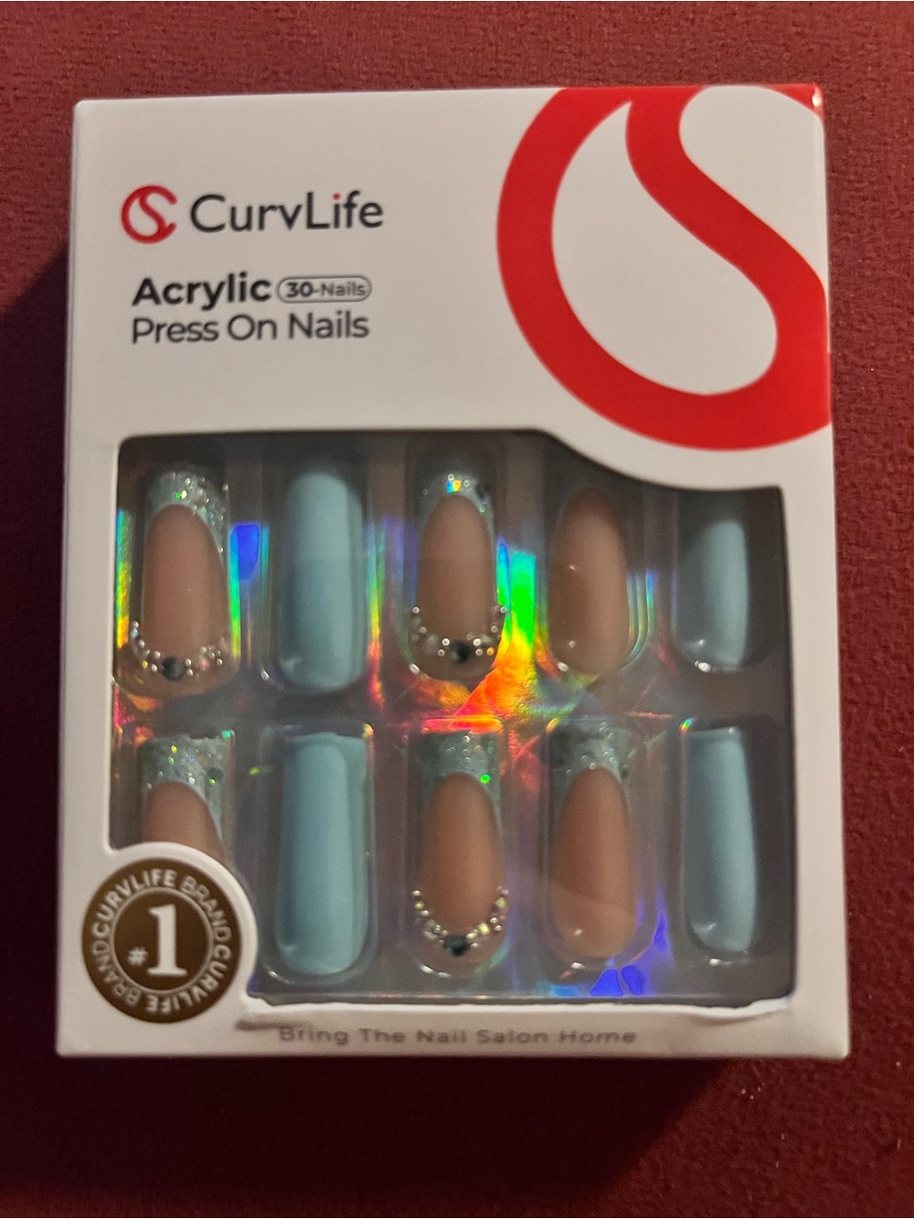 Acrylic Press-On Nails – Blue and Nude Rhinestone Set